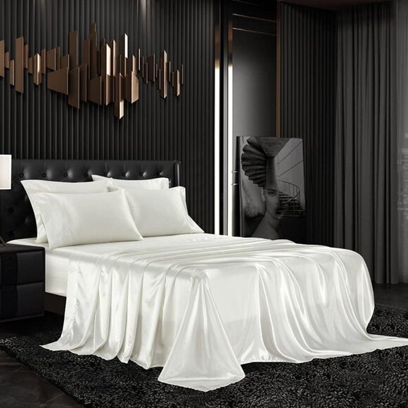 6 Piece Satin Bedding Sheet Set Queen Off White Deep Pocket 1800 Series Luxury - Picture 1 of 7
